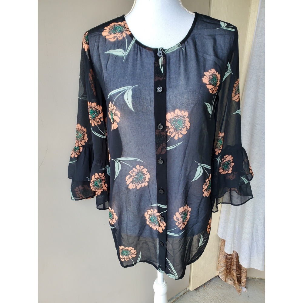 CAbi La Di Da Top Womens XS Black Orange Floral Bell Sleeve Blouse 5206